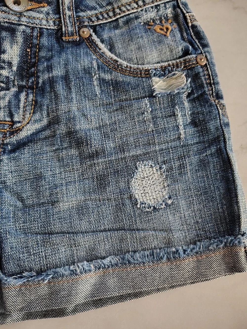 Justice 100% Cotton Distressed Detail Blue Denim Cuffed Jean Shorts Size 14 Girl